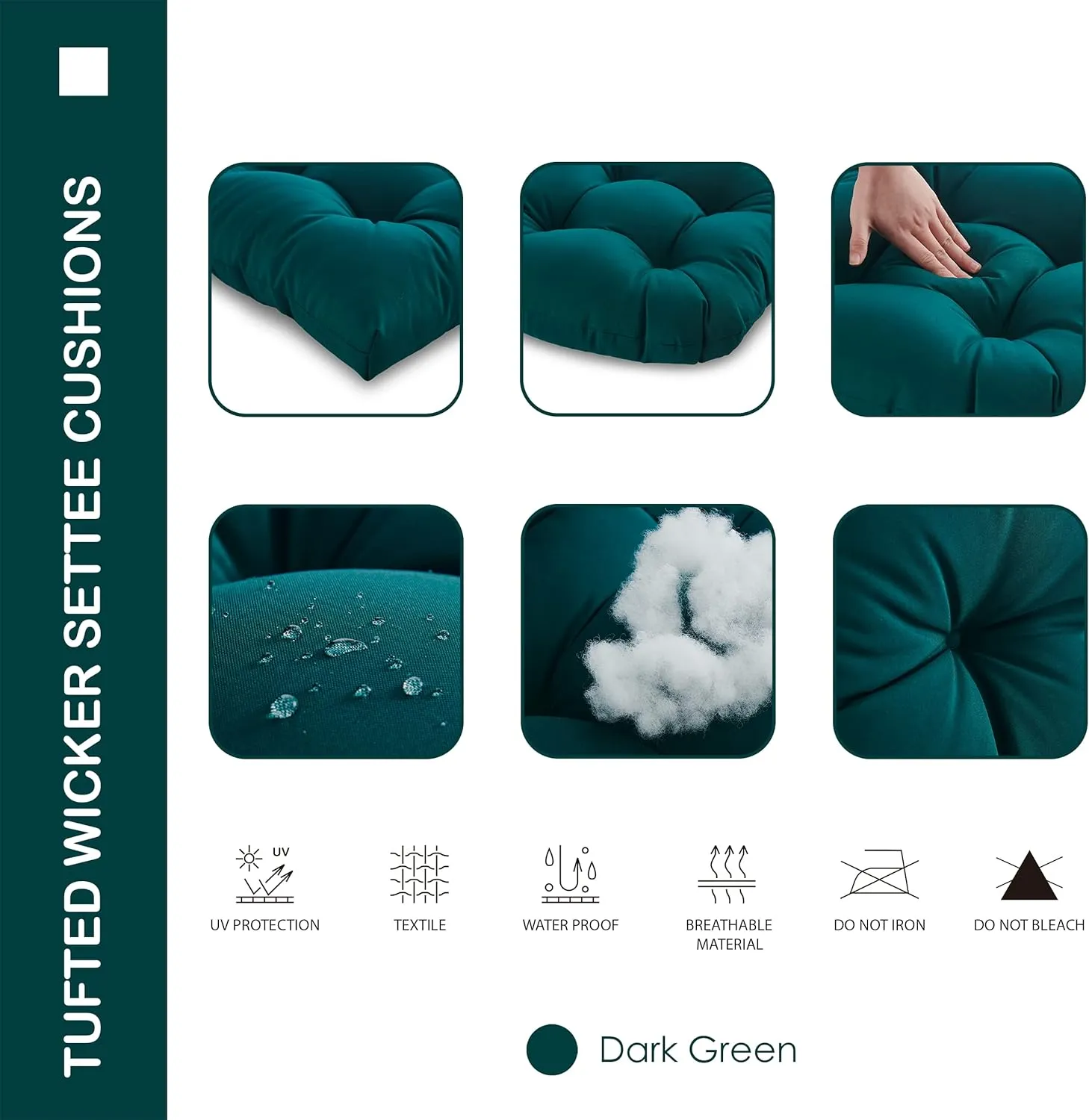Outdoor/Indoor All Weather Tufted Wicker Chair Cushions of 3 Pieces, 1 Loveseat and 2 U-Shape Waterproof Cushions for Patio Furniture,Wicker Loveseat,Bench-Dark Green