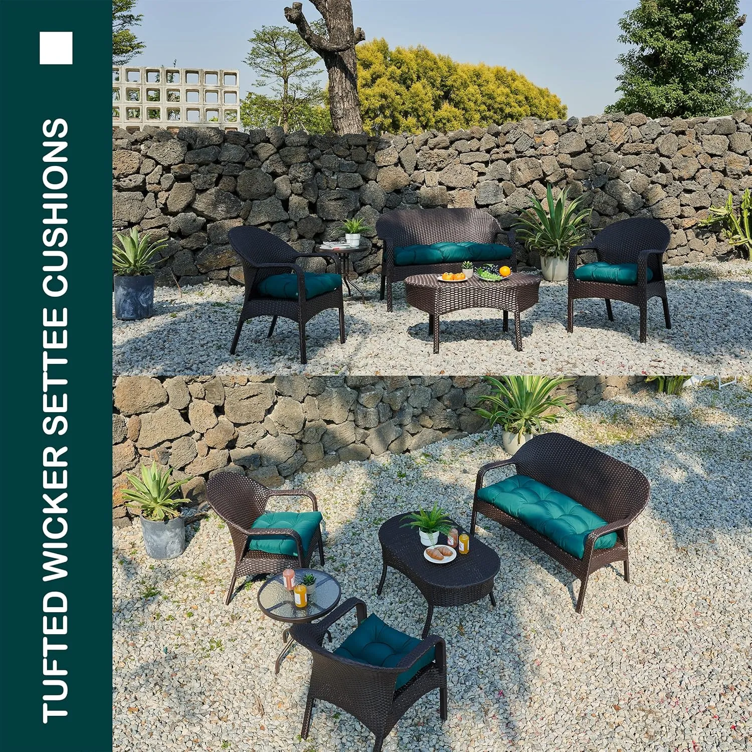 Outdoor/Indoor All Weather Tufted Wicker Chair Cushions of 3 Pieces, 1 Loveseat and 2 U-Shape Waterproof Cushions for Patio Furniture,Wicker Loveseat,Bench-Dark Green