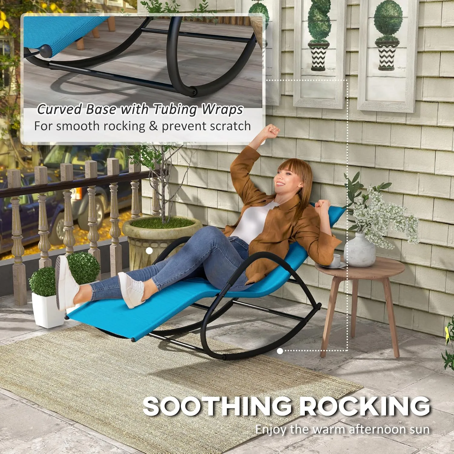 Outsunny Rocking Chair, Zero Gravity Patio Chaise Sun Lounger, Outdoor Rocker, UV Water Resistant, Pillow for Sunbathing, Lawn, Garden or Pool, Light Blue