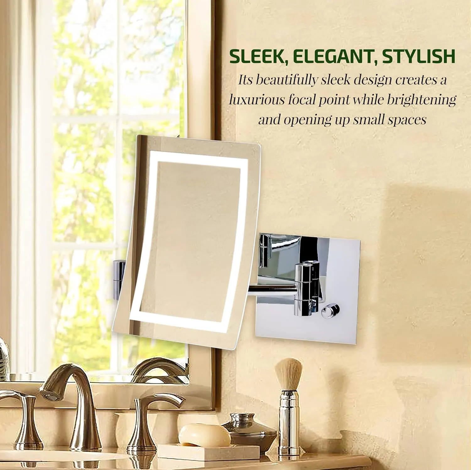 OVENTE 7'' Lighted Wall Mount Makeup Mirror with 7X Magnification, Modern Rectangular Magnifying Bathroom Vanity Mirror, Dimmable White LED Lights, Extendable Folding Arm, Polished Chrome MSWA6387CH7X