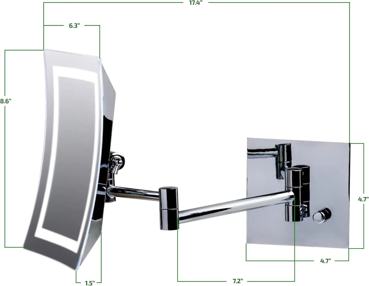 OVENTE 7'' Lighted Wall Mount Makeup Mirror with 7X Magnification, Modern Rectangular Magnifying Bathroom Vanity Mirror, Dimmable White LED Lights, Extendable Folding Arm, Polished Chrome MSWA6387CH7X