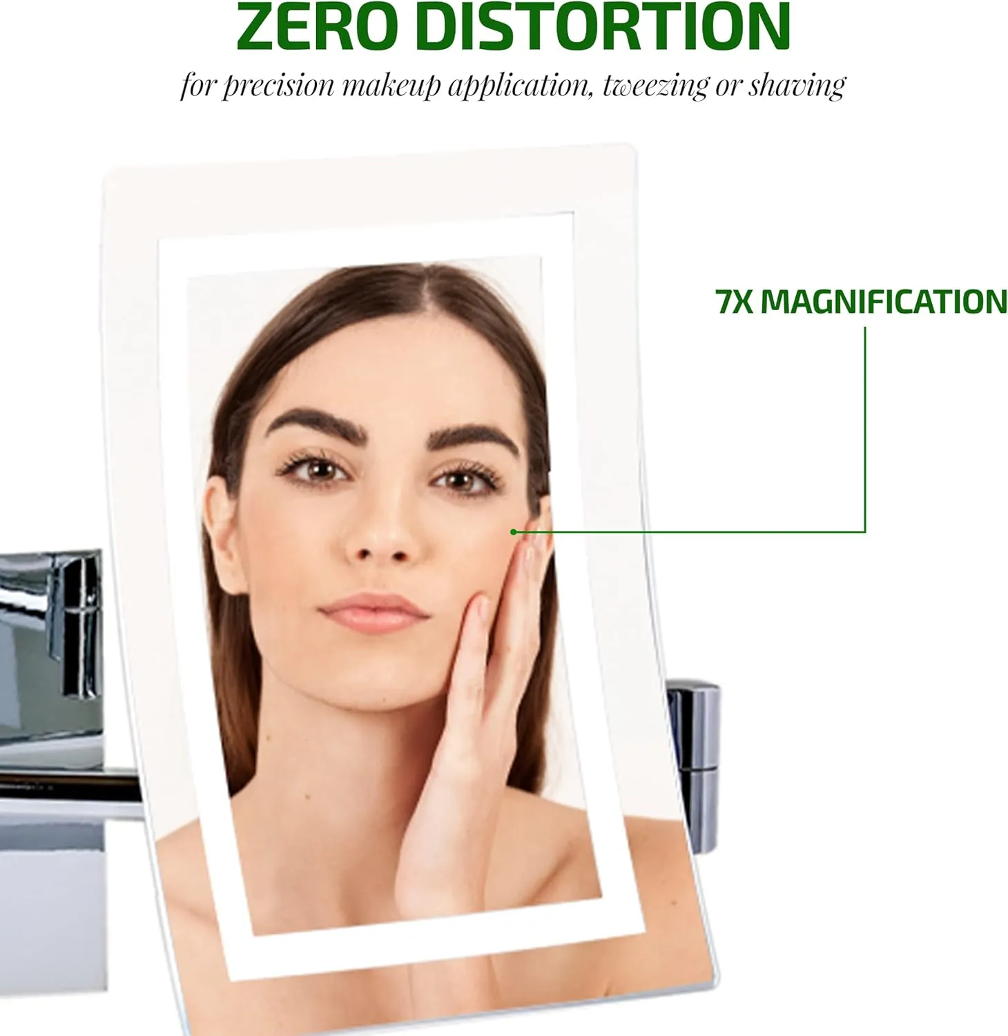 OVENTE 7'' Lighted Wall Mount Makeup Mirror with 7X Magnification, Modern Rectangular Magnifying Bathroom Vanity Mirror, Dimmable White LED Lights, Extendable Folding Arm, Polished Chrome MSWA6387CH7X