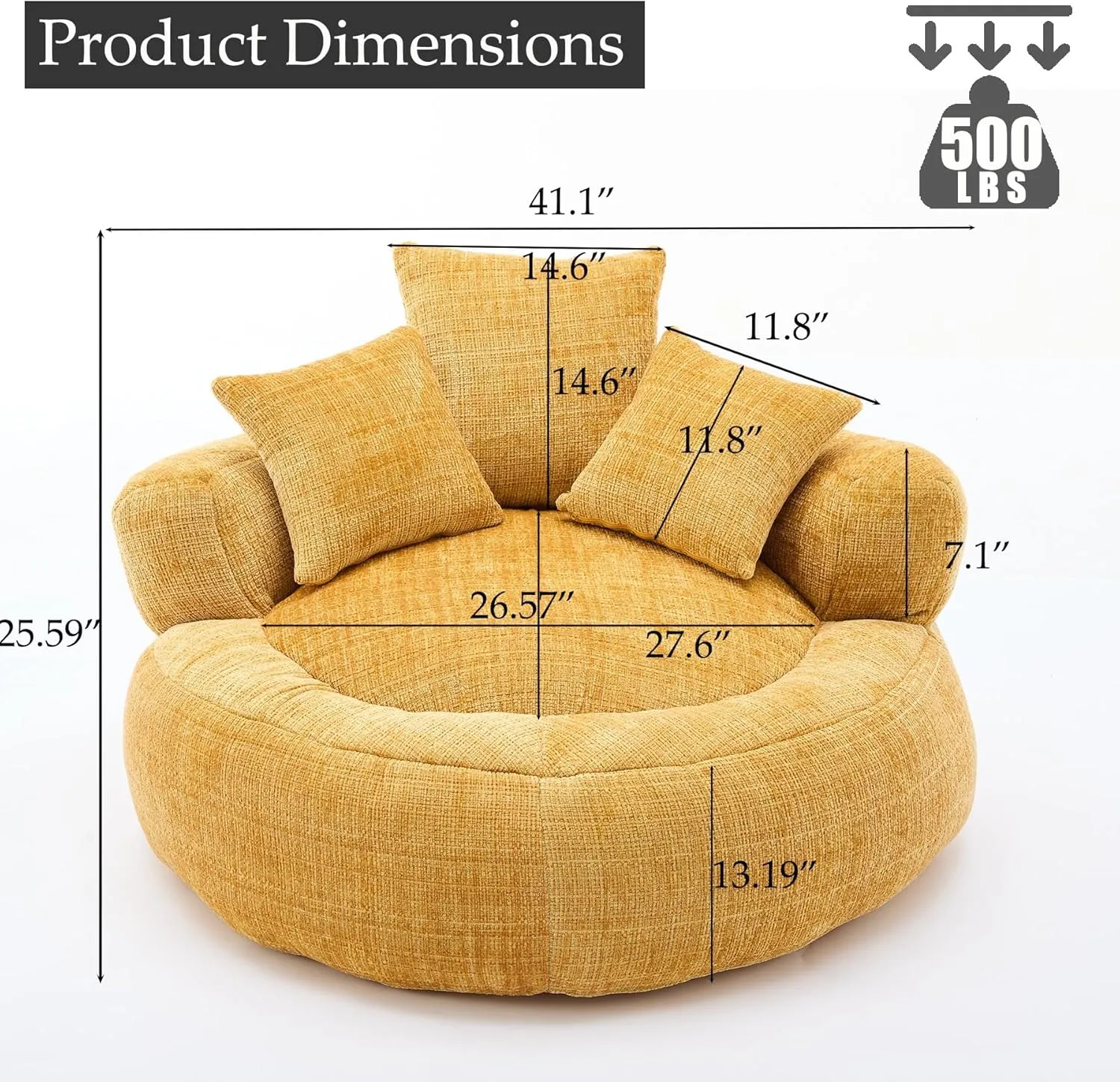 Oversized Bean Bag Chairs for Adults, Memory Foam Lazy Sofa with High Back and 3 Pillows, Comfy Beanbag Lounger Couch for Living Room Bedroom Apartment (Yellow)