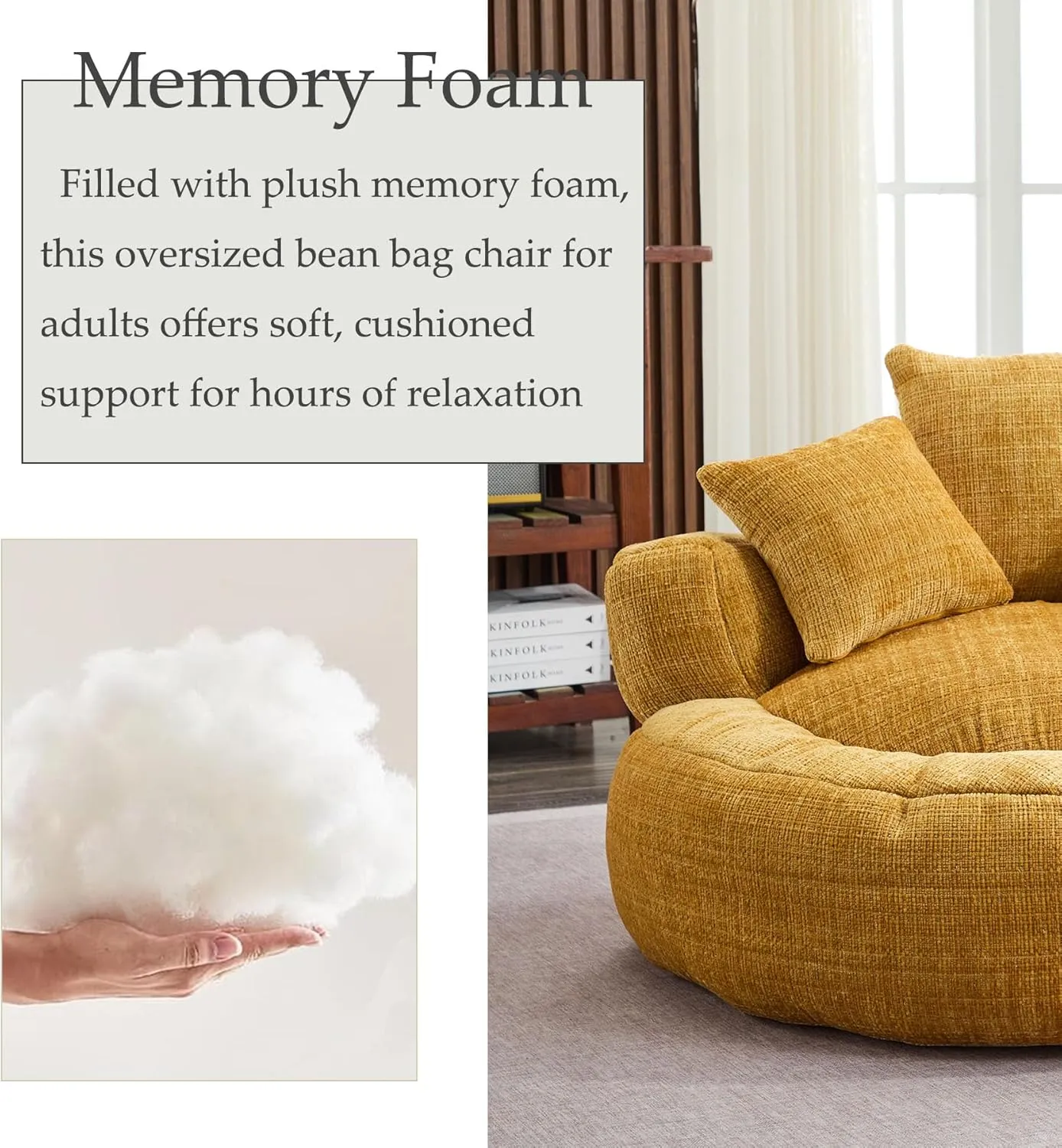 Oversized Bean Bag Chairs for Adults, Memory Foam Lazy Sofa with High Back and 3 Pillows, Comfy Beanbag Lounger Couch for Living Room Bedroom Apartment (Yellow)