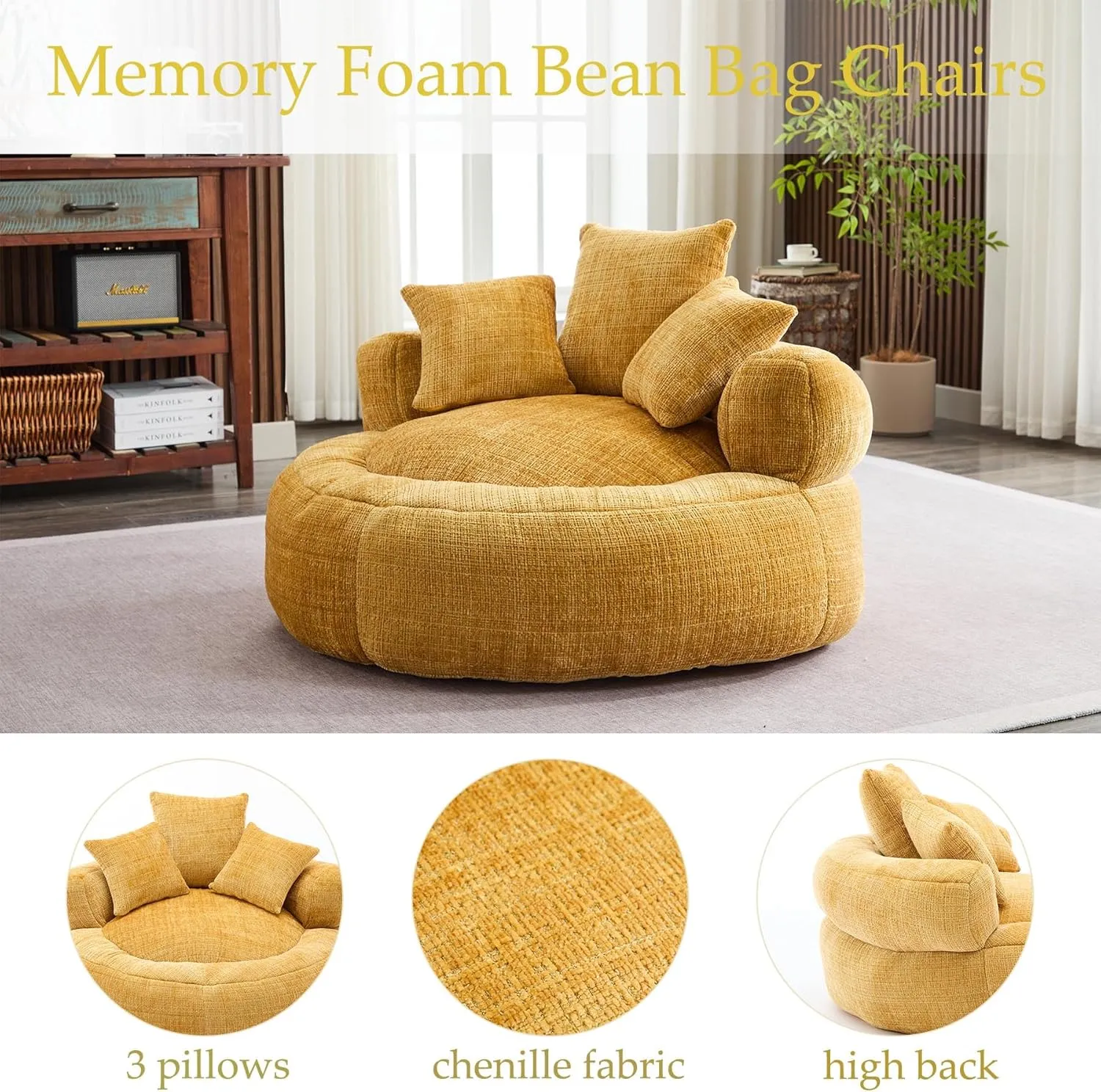 Oversized Bean Bag Chairs for Adults, Memory Foam Lazy Sofa with High Back and 3 Pillows, Comfy Beanbag Lounger Couch for Living Room Bedroom Apartment (Yellow)