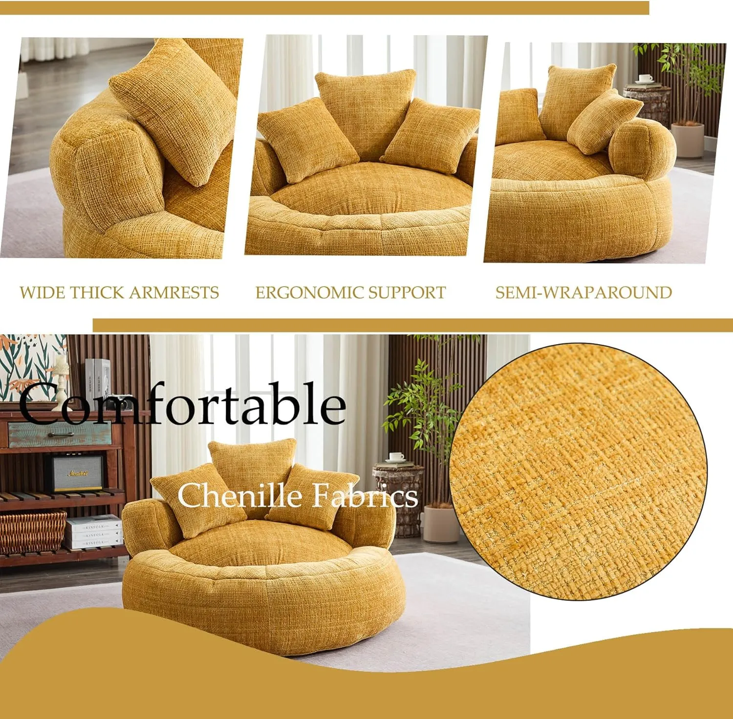 Oversized Bean Bag Chairs for Adults, Memory Foam Lazy Sofa with High Back and 3 Pillows, Comfy Beanbag Lounger Couch for Living Room Bedroom Apartment (Yellow)