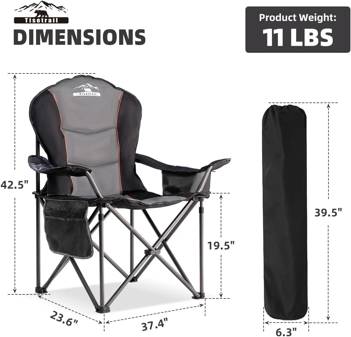 Oversized Camping Chair Folding Chair with Cooler Padded Outdoor Chairs Heavy Duty Support 500 LBS Steel Frame Collapsible Arm Chair with Cup Holder Black&Gray