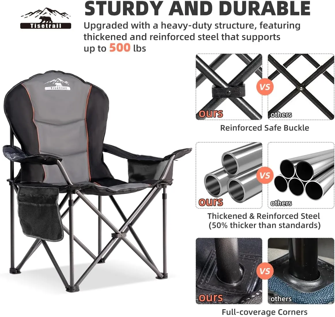 Oversized Camping Chair Folding Chair with Cooler Padded Outdoor Chairs Heavy Duty Support 500 LBS Steel Frame Collapsible Arm Chair with Cup Holder Black&Gray