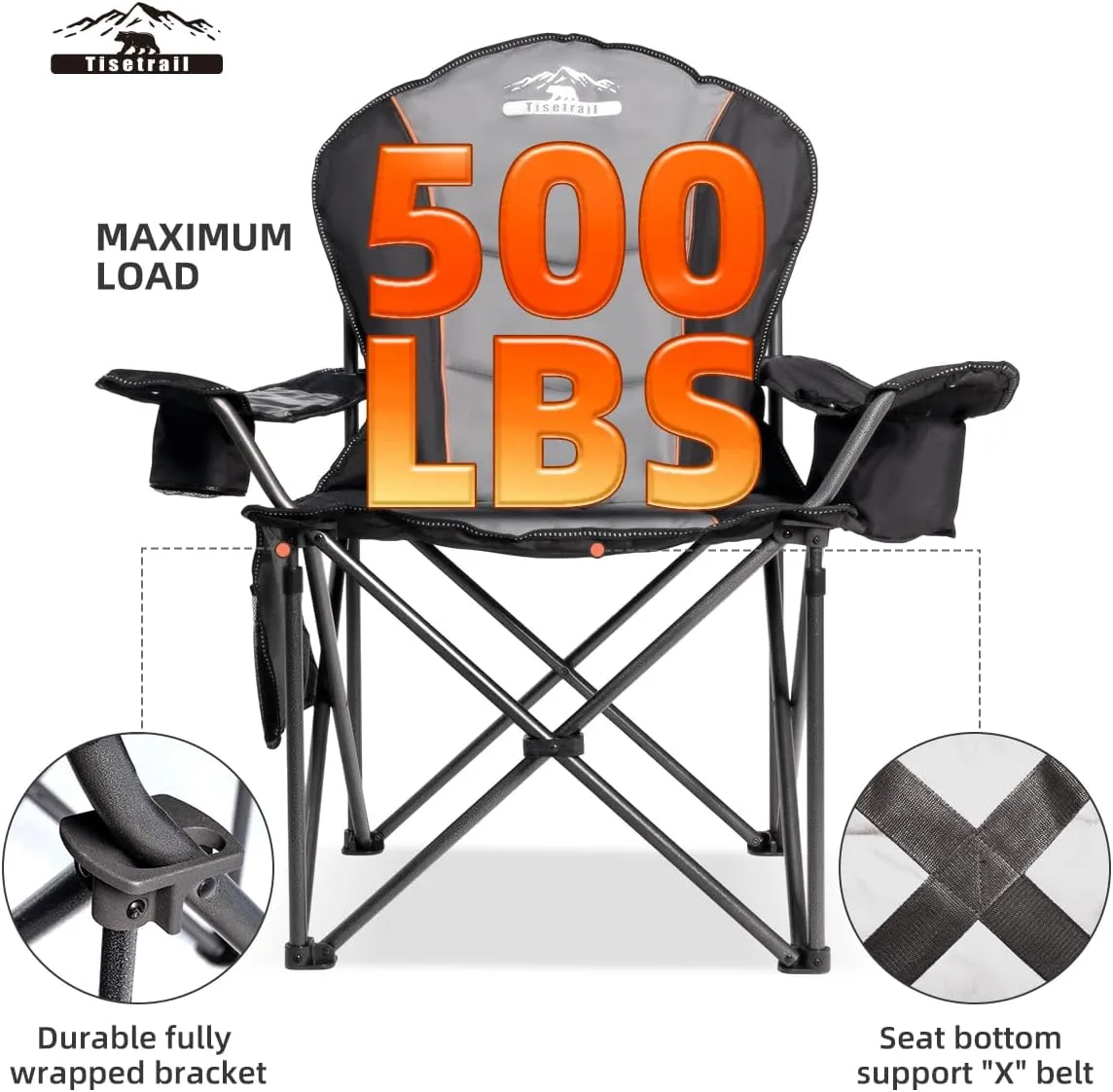 Oversized Camping Chair Folding Chair with Cooler Padded Outdoor Chairs Heavy Duty Support 500 LBS Steel Frame Collapsible Arm Chair with Cup Holder Black&Gray