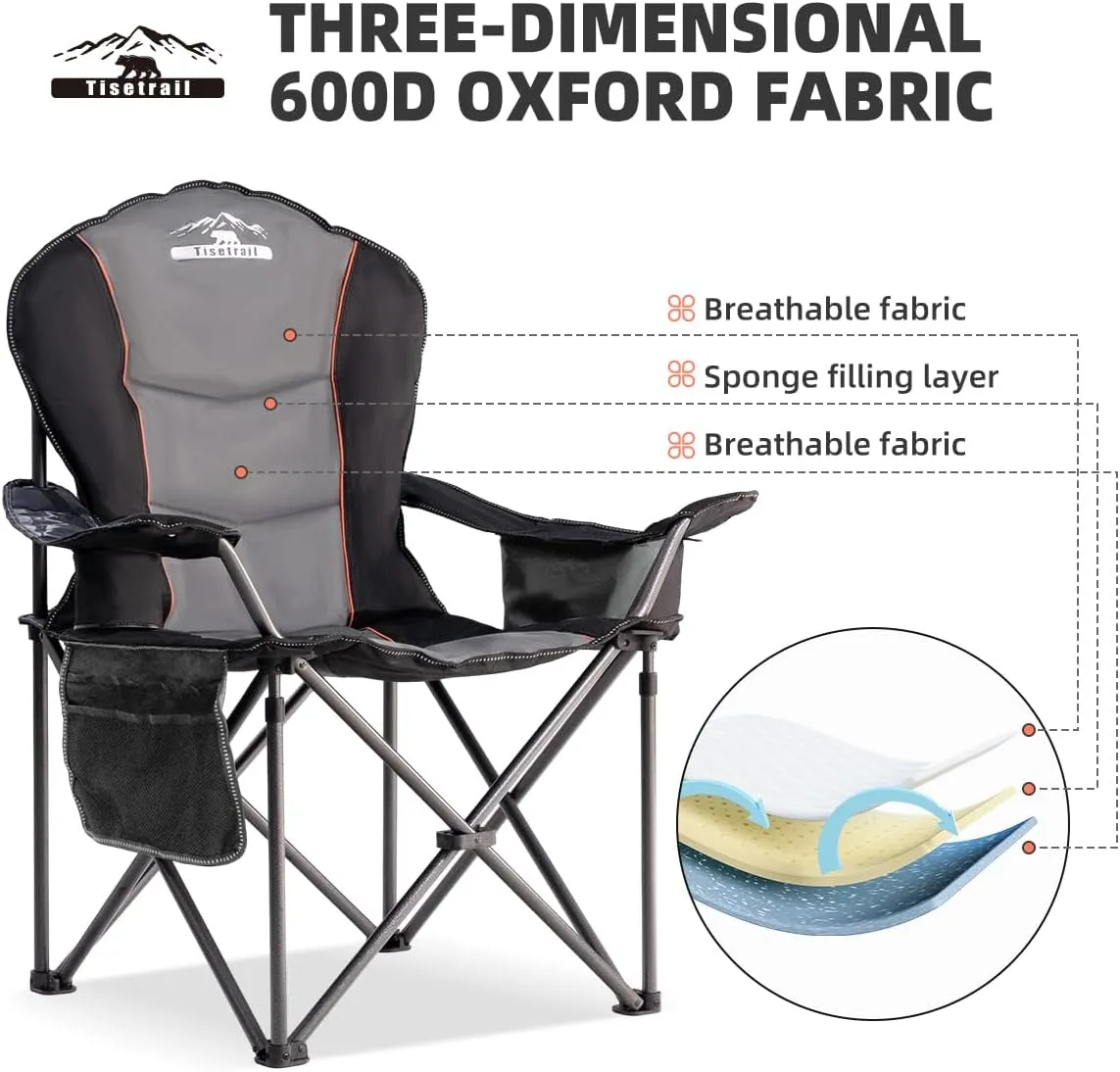 Oversized Camping Chair Folding Chair with Cooler Padded Outdoor Chairs Heavy Duty Support 500 LBS Steel Frame Collapsible Arm Chair with Cup Holder Black&Gray