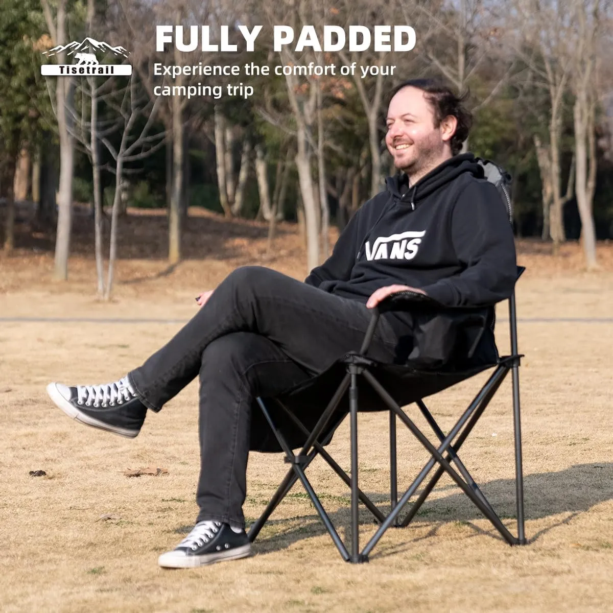 Oversized Camping Chair Folding Chair with Cooler Padded Outdoor Chairs Heavy Duty Support 500 LBS Steel Frame Collapsible Arm Chair with Cup Holder Black&Gray