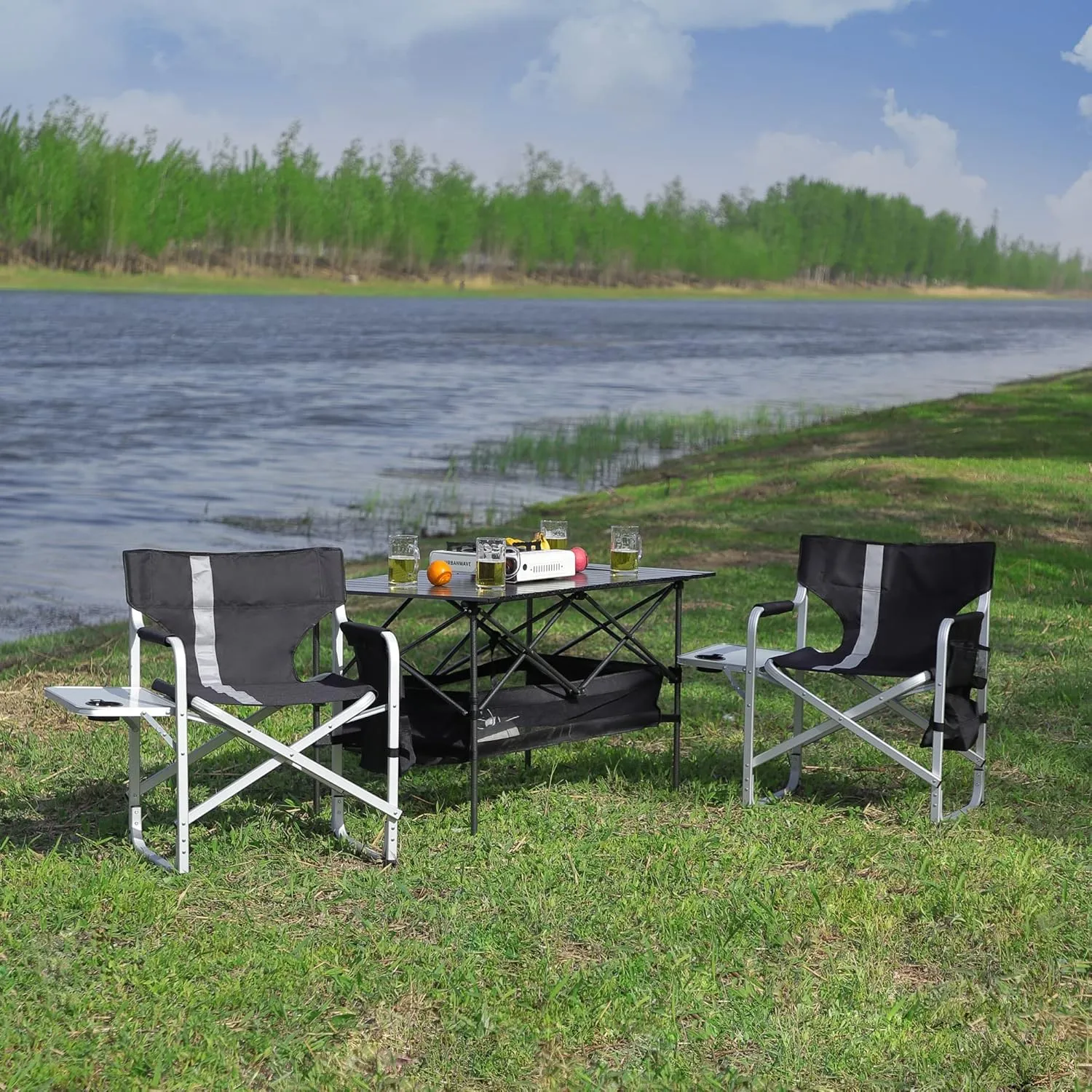 Oversized Camping Directors Chair, Portable Aluminum Camping Chairs, Padded Folding Directors Chair with Side Table Storage Pockets, Outdoor Camping, Picnics and Fishing (2, Black)