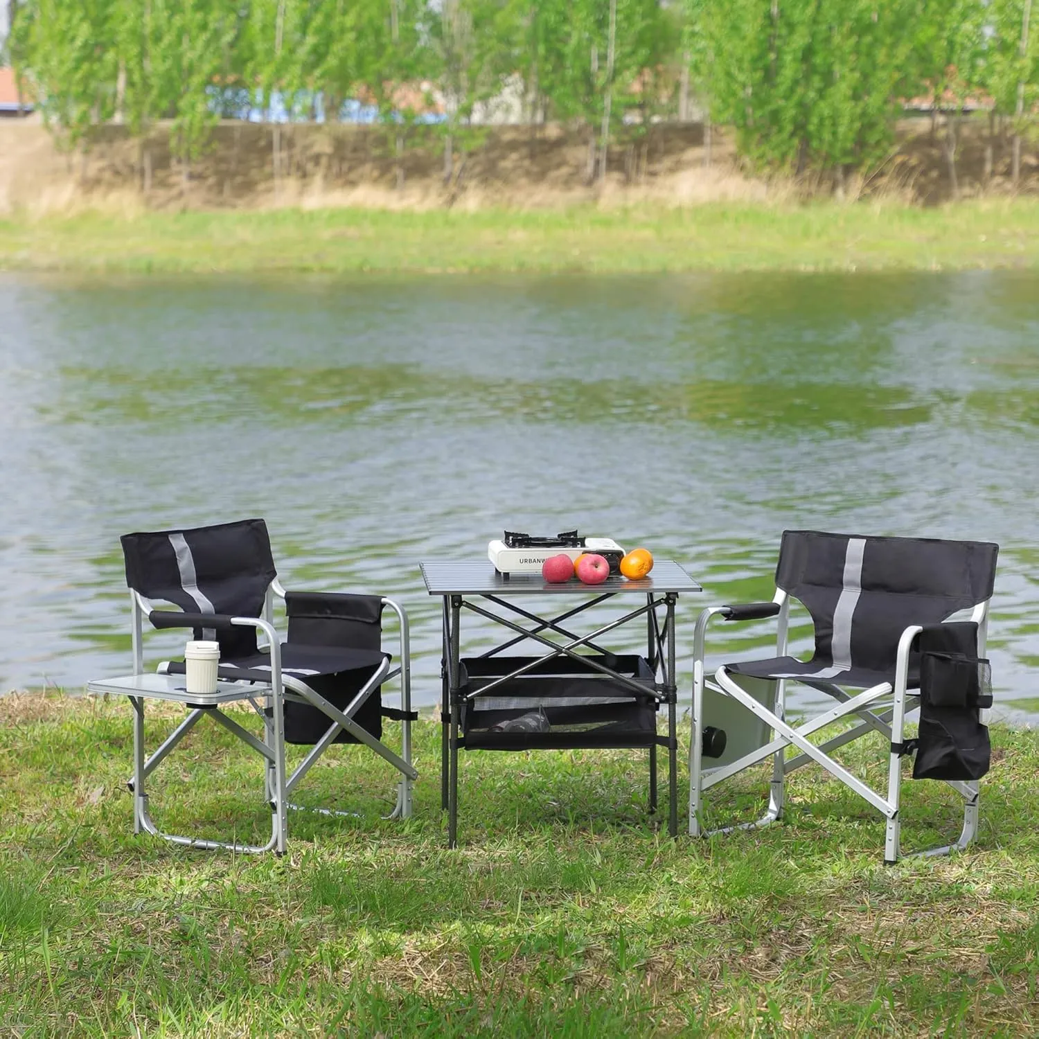 Oversized Camping Directors Chair, Portable Aluminum Camping Chairs, Padded Folding Directors Chair with Side Table Storage Pockets, Outdoor Camping, Picnics and Fishing (2, Black)
