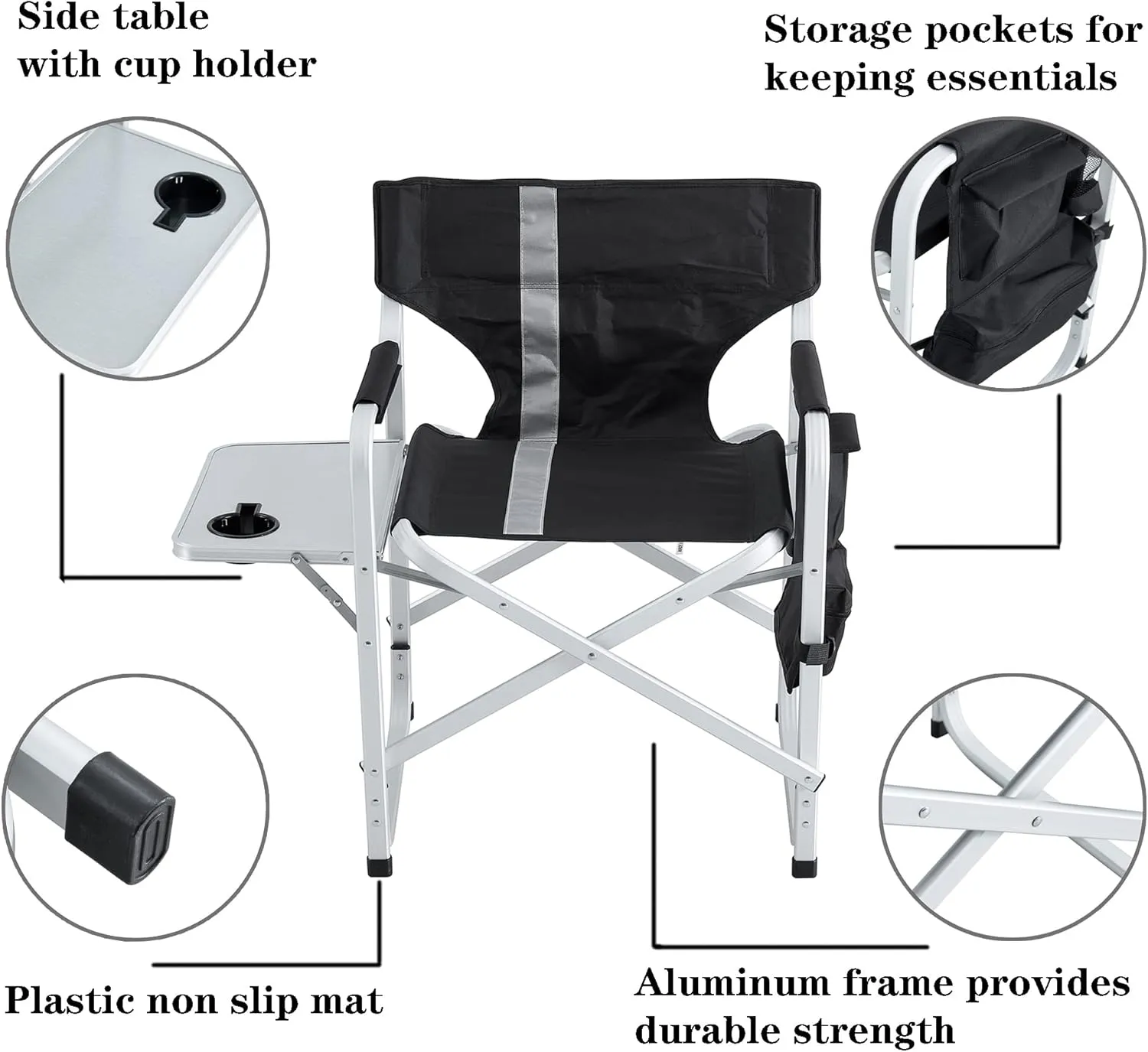 Oversized Camping Directors Chair, Portable Aluminum Camping Chairs, Padded Folding Directors Chair with Side Table Storage Pockets, Outdoor Camping, Picnics and Fishing (2, Black)