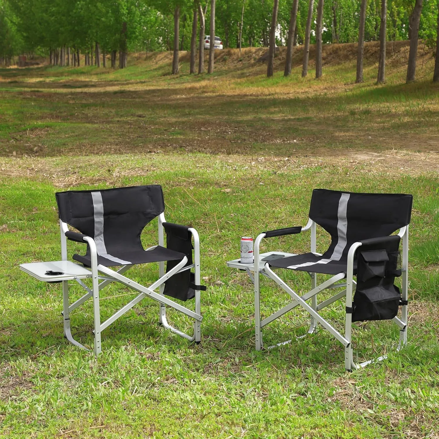 Oversized Camping Directors Chair, Portable Aluminum Camping Chairs, Padded Folding Directors Chair with Side Table Storage Pockets, Outdoor Camping, Picnics and Fishing (2, Black)
