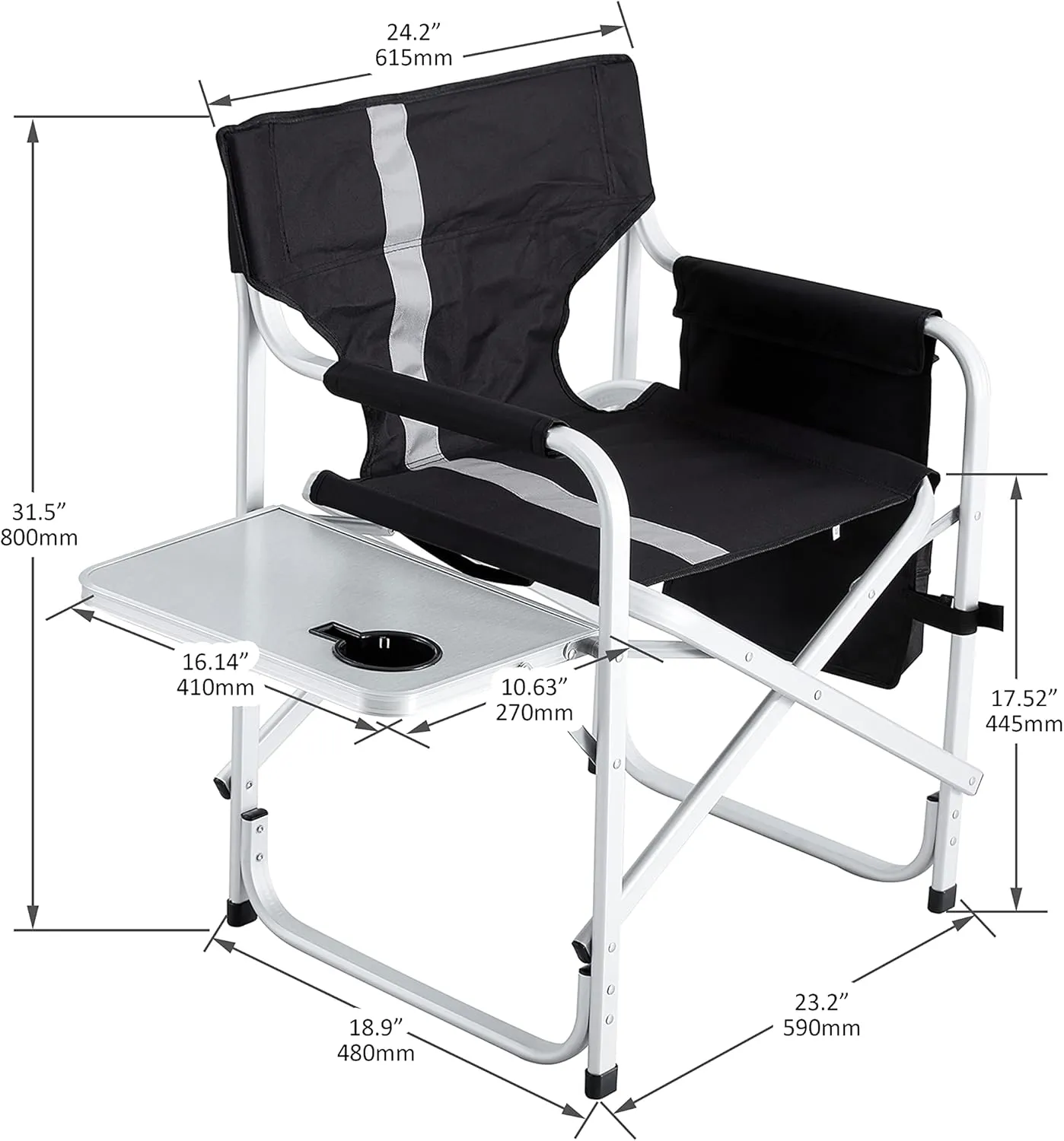 Oversized Camping Directors Chair, Portable Aluminum Camping Chairs, Padded Folding Directors Chair with Side Table Storage Pockets, Outdoor Camping, Picnics and Fishing (2, Black)