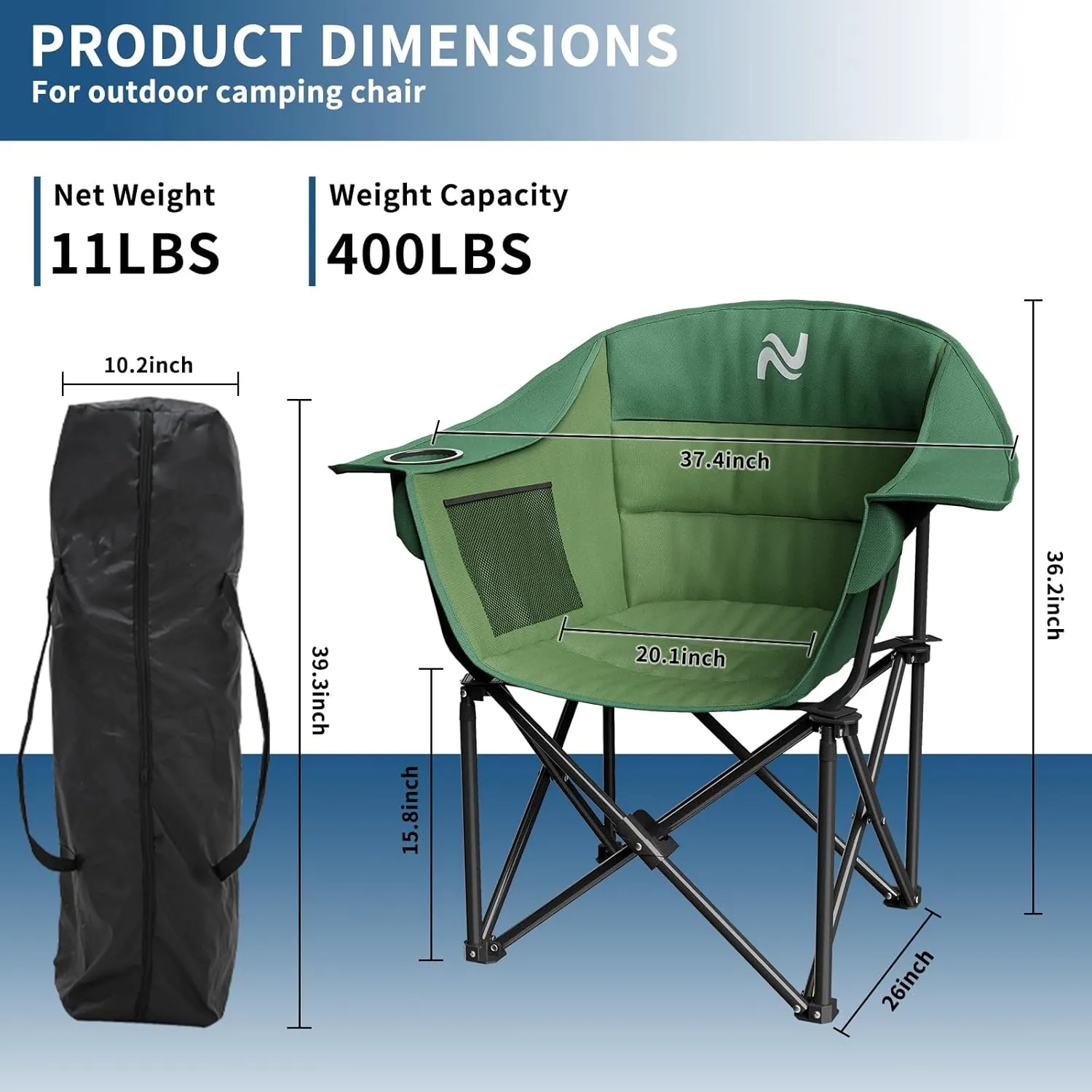 Oversized Padded Camping Chair - Heavy Duty Support 400lbs - Portable Folding Chair with Side Pocket Cup Holder and Carry Bag - Collapsible Outdoor Chairs for Adults Sports Garden Beach Fishing