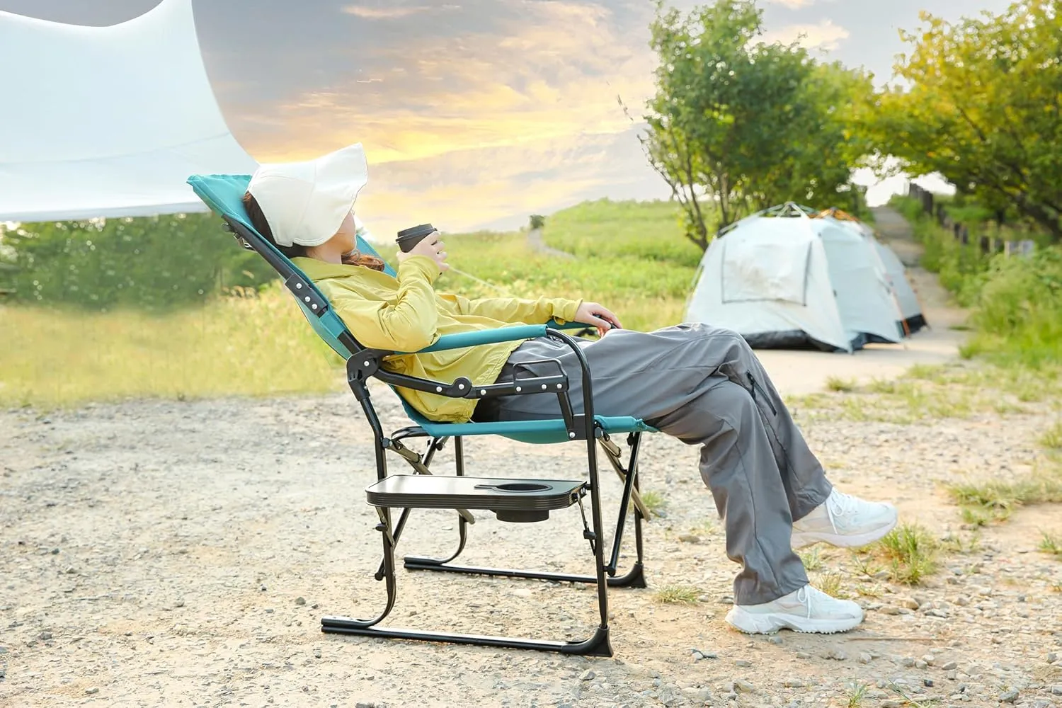 Oversized Portable Folding Chair 250 Lb with Side Table, Camping Guide Chair, Heavy Duty, Pocket Style for Beach, Fishing, Travel, Picnic, Lawn Gray Blue
