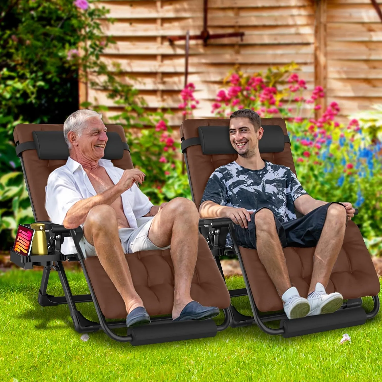 Oversized Zero Gravity Chair, 33In XXL Padded Lounge Chair, Recliner Chair W/Cushion& Storage Bag, Footrest, Reinforced Full-Alu Alloy Lock, Larger Cup Holder, for Indoor Outdoor, 500lbs Max