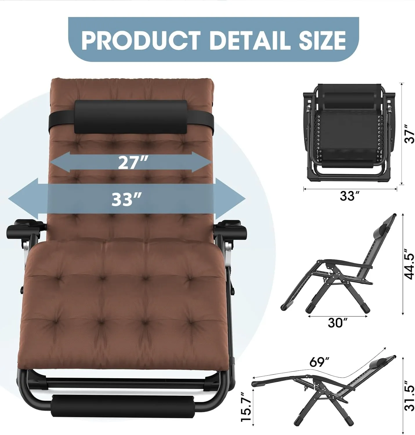 Oversized Zero Gravity Chair, 33In XXL Padded Lounge Chair, Recliner Chair W/Cushion& Storage Bag, Footrest, Reinforced Full-Alu Alloy Lock, Larger Cup Holder, for Indoor Outdoor, 500lbs Max