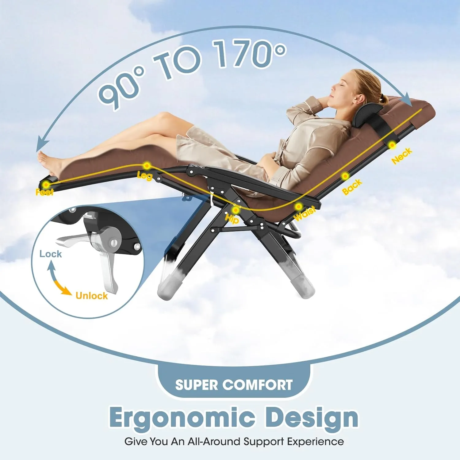 Oversized Zero Gravity Chair, 33In XXL Padded Lounge Chair, Recliner Chair W/Cushion& Storage Bag, Footrest, Reinforced Full-Alu Alloy Lock, Larger Cup Holder, for Indoor Outdoor, 500lbs Max