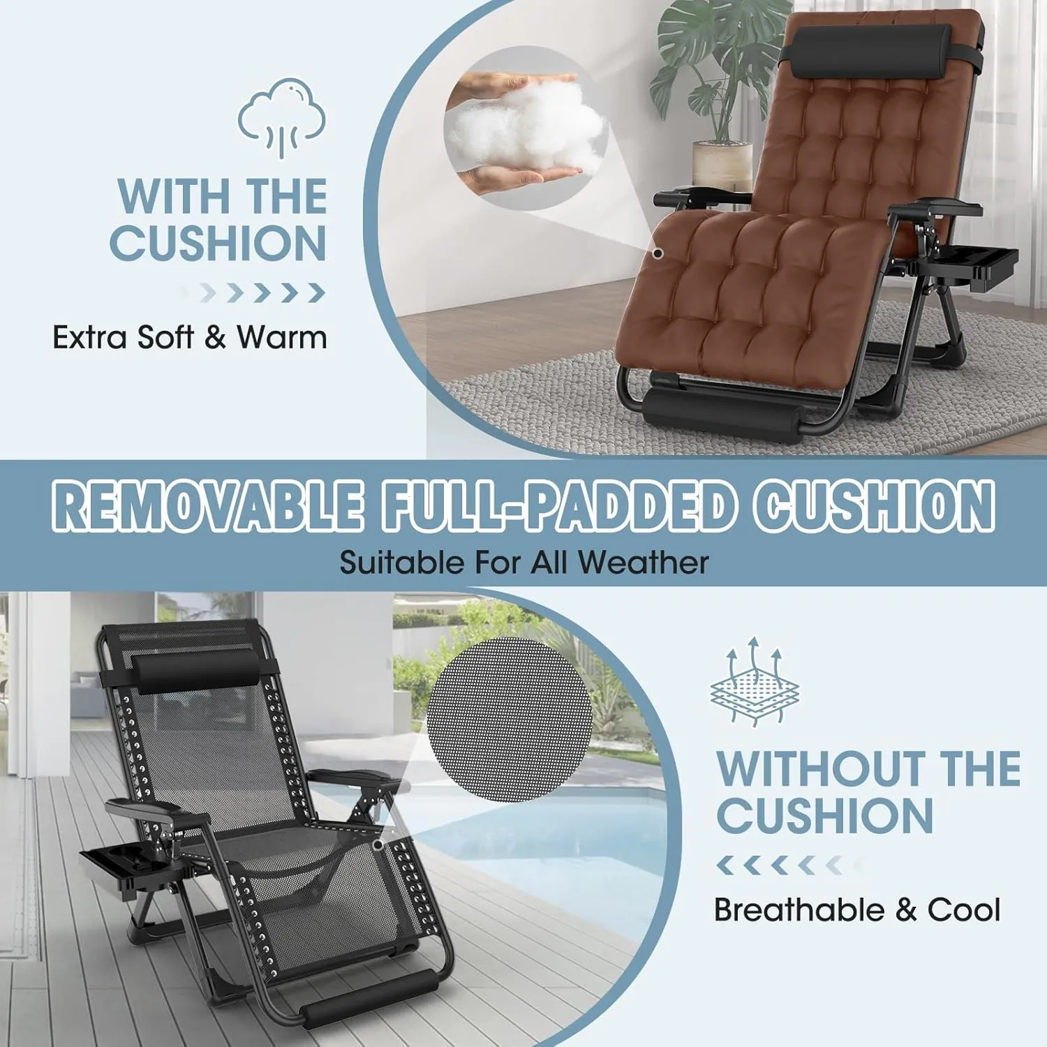 Oversized Zero Gravity Chair, 33In XXL Padded Lounge Chair, Recliner Chair W/Cushion& Storage Bag, Footrest, Reinforced Full-Alu Alloy Lock, Larger Cup Holder, for Indoor Outdoor, 500lbs Max