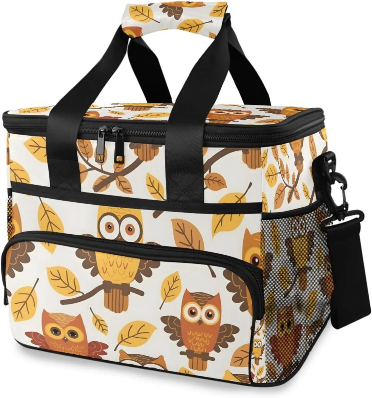 Owl Autumn Maple Leaves Cooler Bag Insulated Cooler Soft Sided Cooler 24 Can Portable Picnic Bag Large Leakproof Lunch Bag Box for Beach Grocery Camping Travel Car Men Women