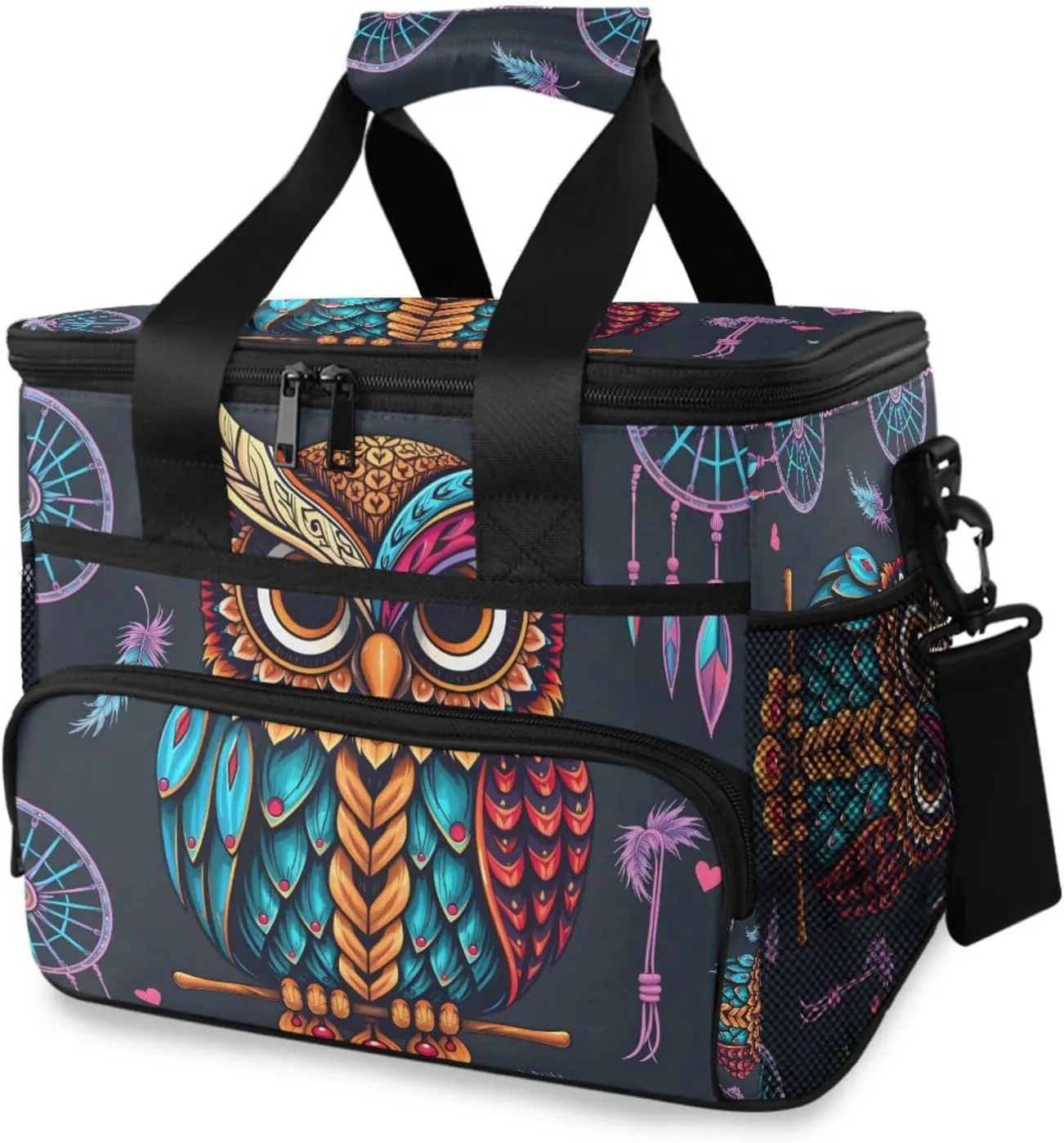 Owl Dream Catcher Cooler Bag Insulated Cooler Soft Sided Cooler 24 Can Portable Picnic Bag Large Leakproof Lunch Bag Box for Beach Grocery Camping Travel Car Men Women