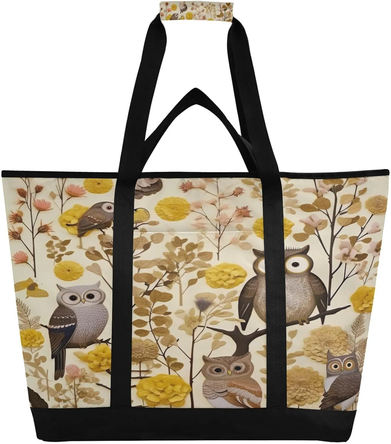 Owls Flowers Reusable Insulated Lunchbox Cooler Bag, Leakproof Kitchen Grocery Bag Collapsible Portable Cooler Tote Bag for Picnic, Camping, Office, Travel