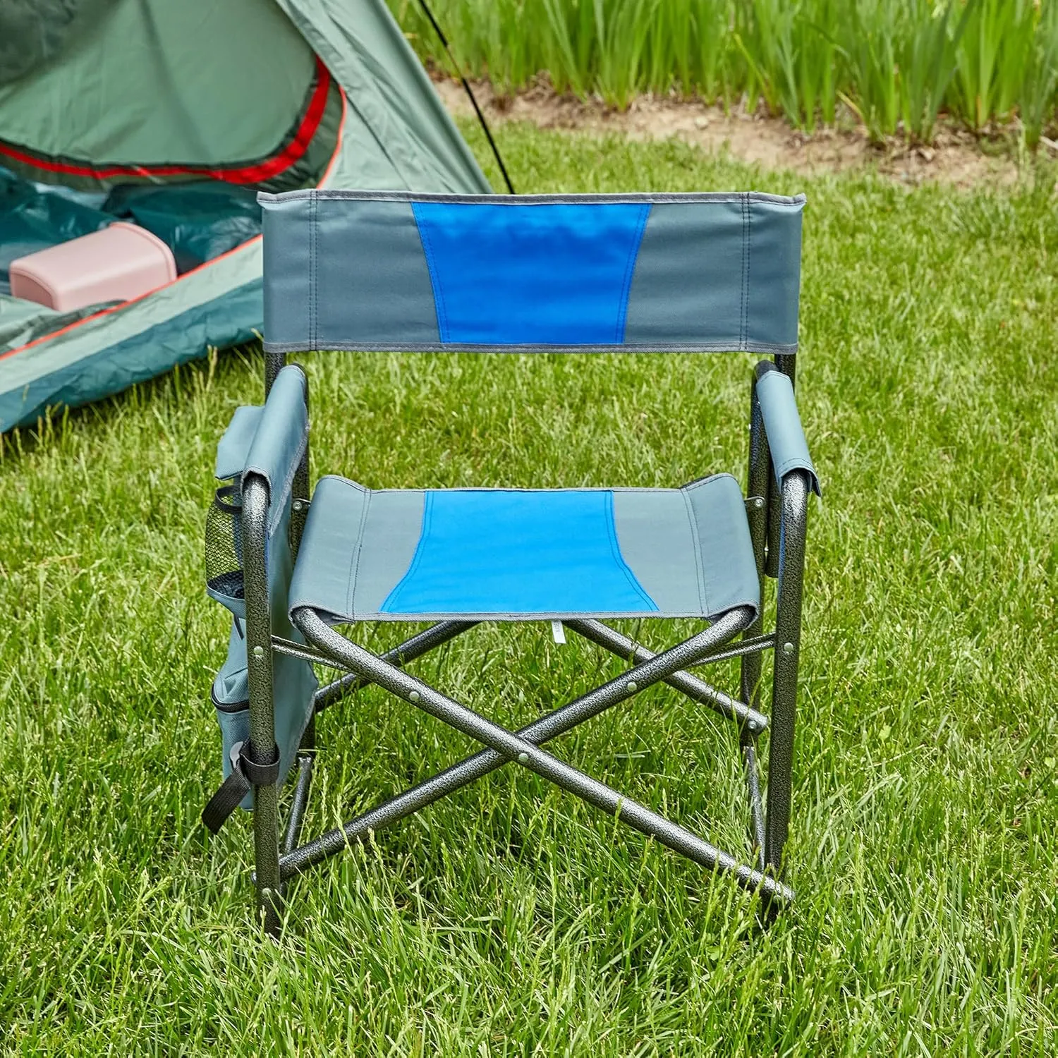 Padded Folding Outdoor Chair with Storage Pockets, Lightweight Oversized Design for Camping, Picnics, and Fishing, Blue/Grey