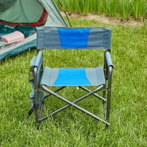 Padded Folding Outdoor Chair with Storage Pockets, Lightweight Oversized Design for Camping, Picnics, and Fishing, Blue/Grey