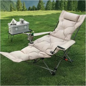 Padded Folding Recliner Chair Reclining Camping Chairs with Detachable Footrest,Adjustable Backrest,Storage Bag,Cup Holder,Outdoor Lawn for Fishing(Green) (Khaki)