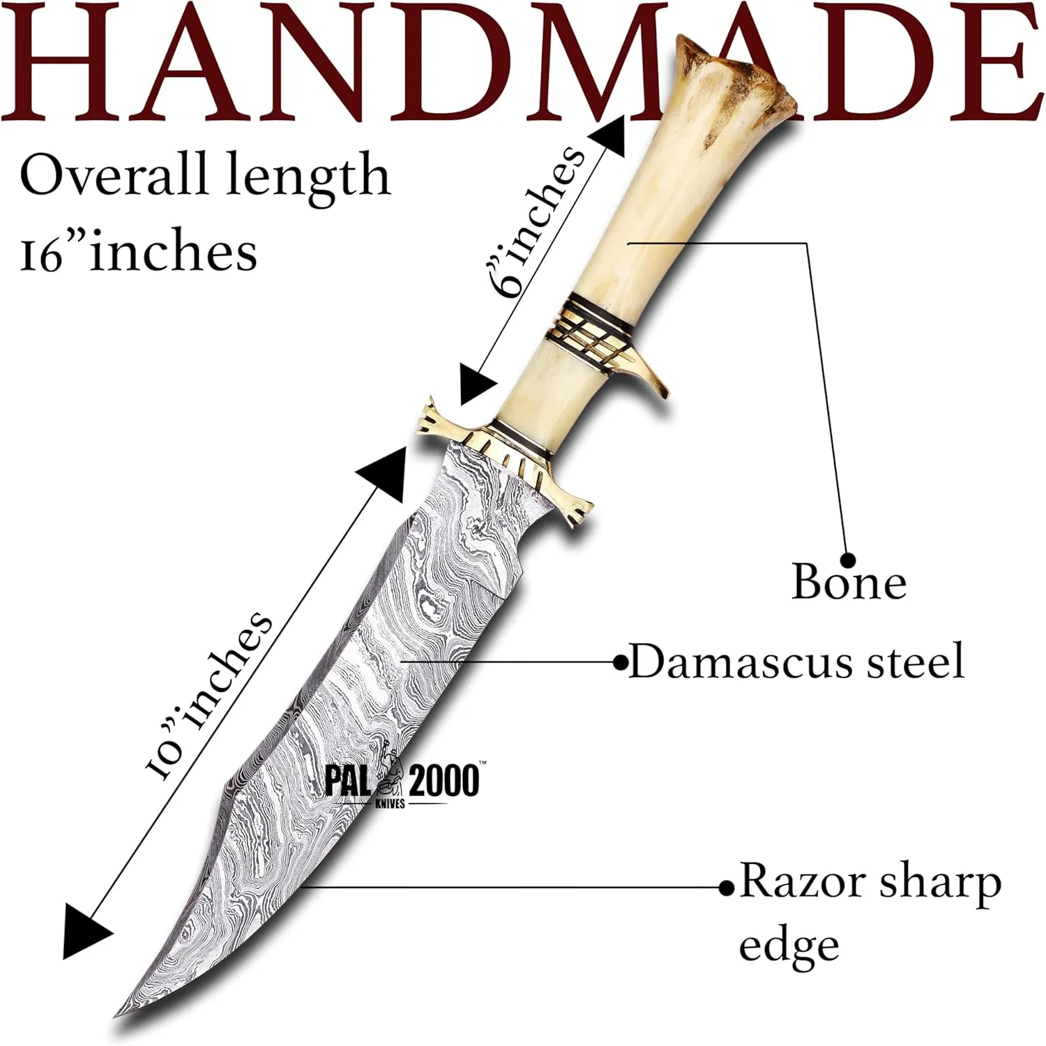 PAL 2000 KNIVES Handmade Damascus Steel 16 Inches Hunting Bowie Knife 9871