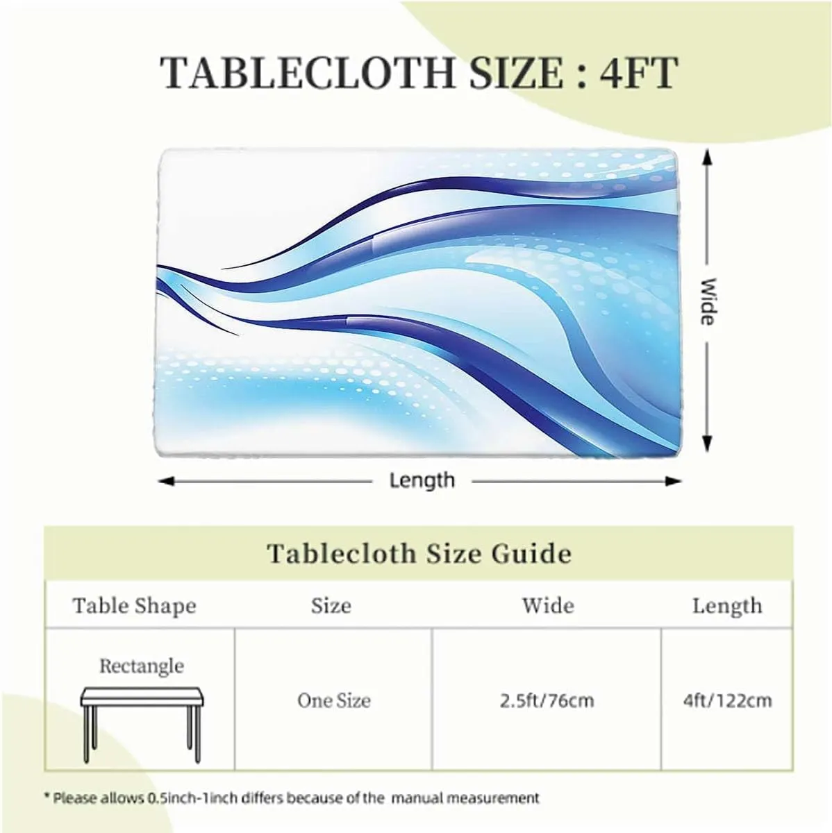 Pale Blue White Fitted Tablecloth Cover, Wavy Ocean Surfer Summertime Themed Elastic Oilproof Waterproof Tablecloth Abstract Fits up 4 Foot Tables