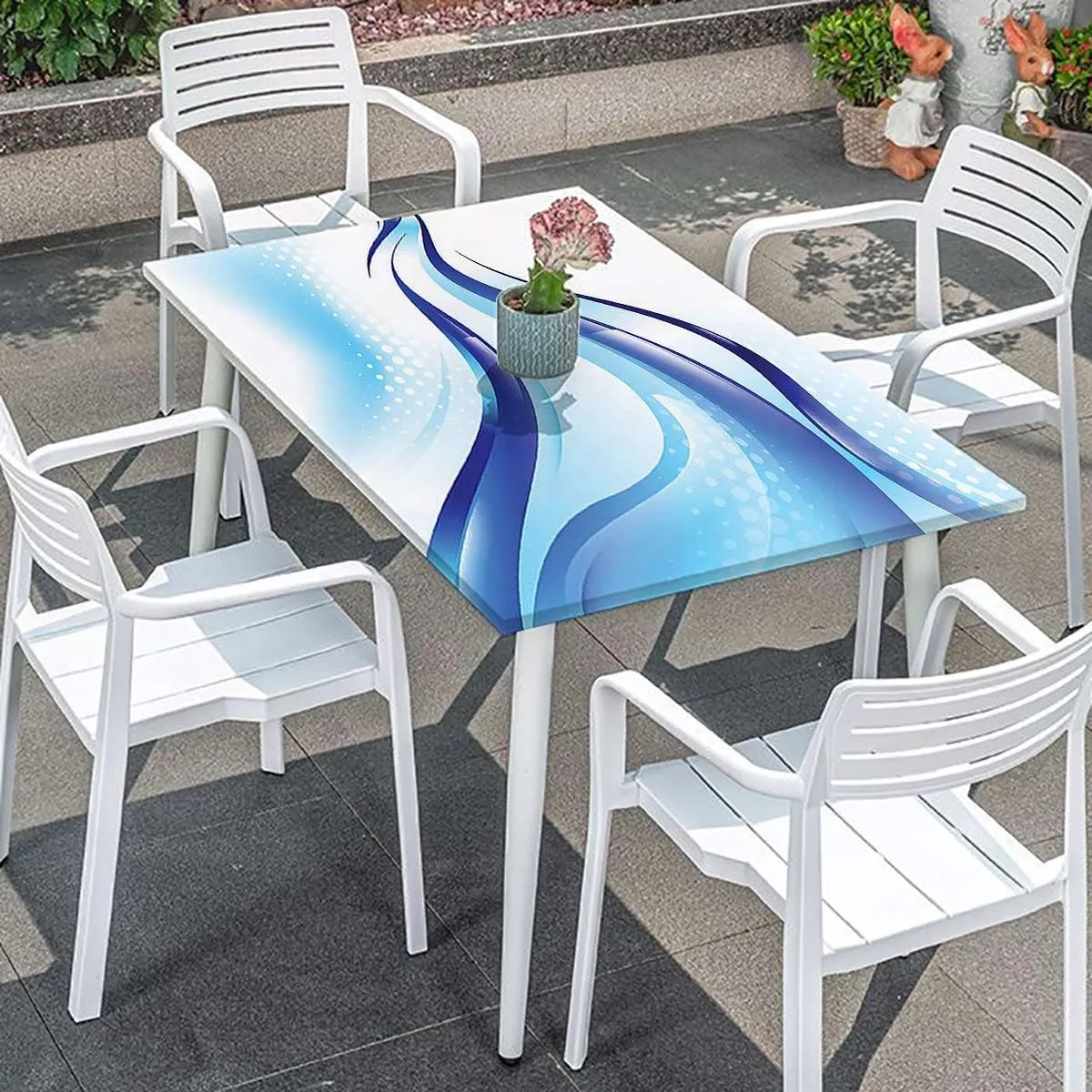 Pale Blue White Fitted Tablecloth Cover, Wavy Ocean Surfer Summertime Themed Elastic Oilproof Waterproof Tablecloth Abstract Fits up 4 Foot Tables