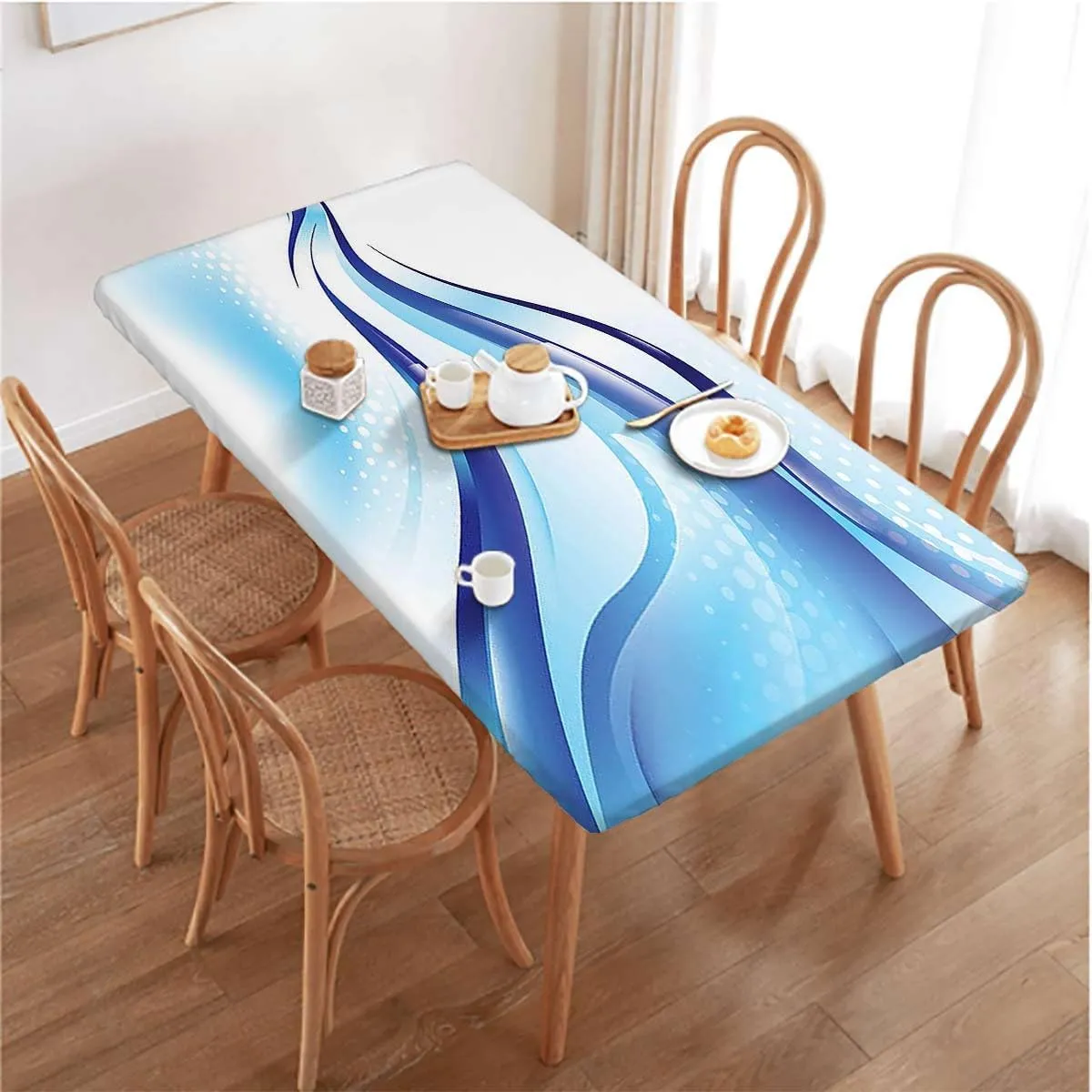 Pale Blue White Fitted Tablecloth Cover, Wavy Ocean Surfer Summertime Themed Elastic Oilproof Waterproof Tablecloth Abstract Fits up 4 Foot Tables