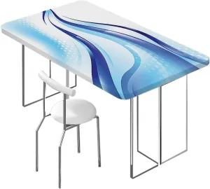 Pale Blue White Fitted Tablecloth Cover, Wavy Ocean Surfer Summertime Themed Elastic Oilproof Waterproof Tablecloth Abstract Fits up 4 Foot Tables