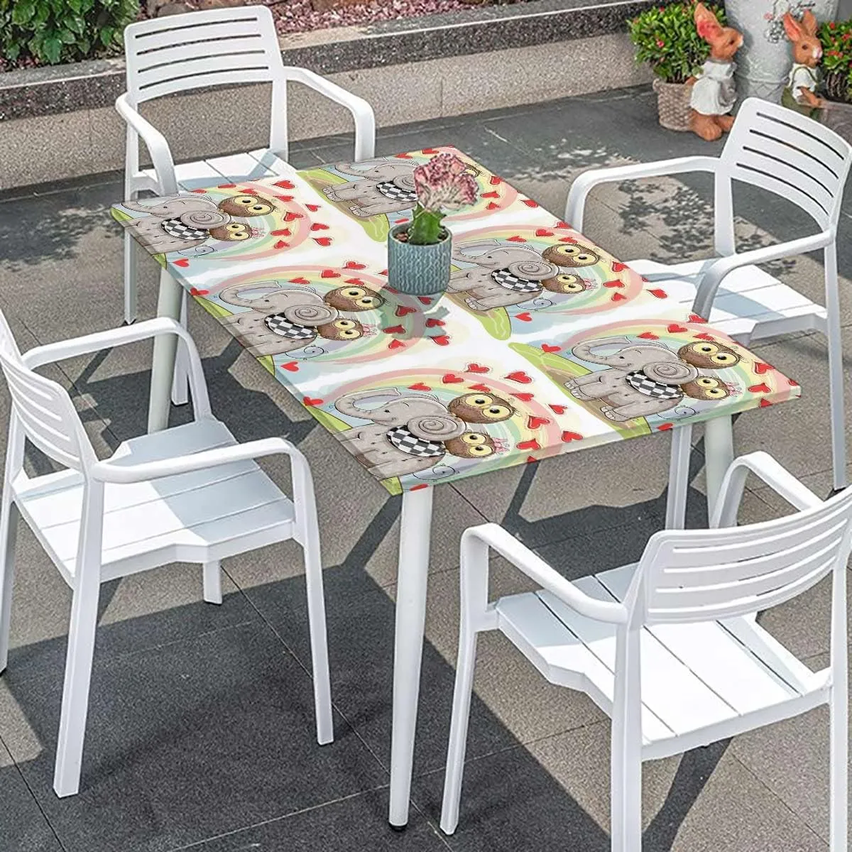Pale Taupe Rectangle Table Cloth Cover, Cartoon Owls Image Elastic Edged Picnic Table Covers ?for Camping, Dining, Outdoor, Park, Patio Animal Family Fits up 5 Foot Tables