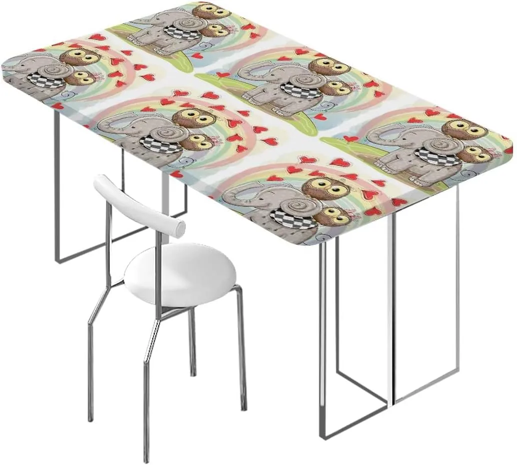 Pale Taupe Rectangle Table Cloth Cover, Cartoon Owls Image Elastic Edged Picnic Table Covers ?for Camping, Dining, Outdoor, Park, Patio Animal Family Fits up 5 Foot Tables