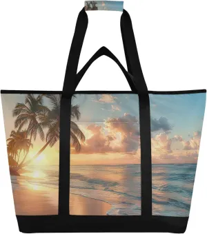 Palm Tree Beach Sea Reusable Insulated Cooler Bag with Ice Pack Compartment - Large 47L Waterproof Thermal Grocery Tote for Picnic Beach Camping Lunch Storage