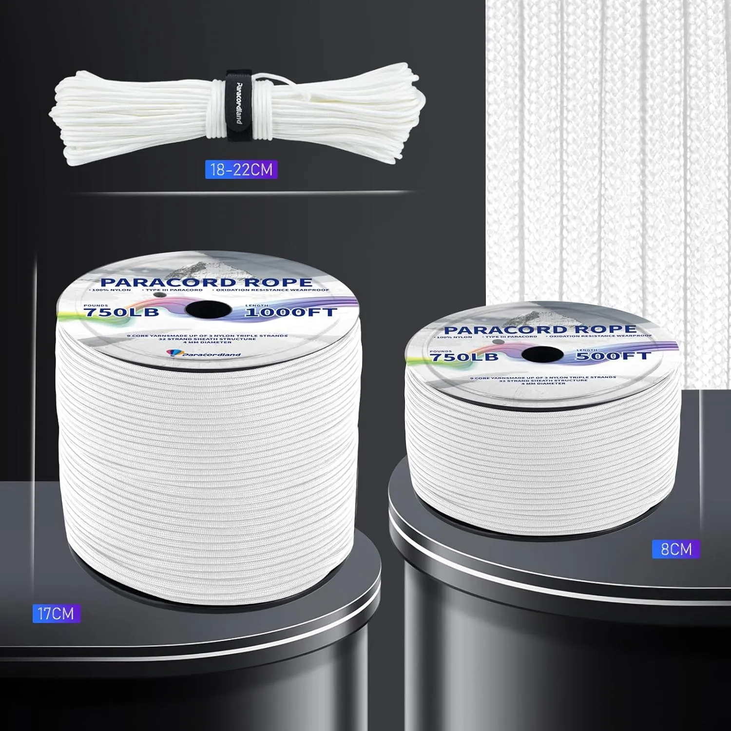 Paracordland-750LB Paracord Rope-100ft/500ft/1000ft- 9 Strand Parachute Spool Cord Heavy Duty String Ideal for Survival Gear Bracelet Camping Hikig Fishing-White