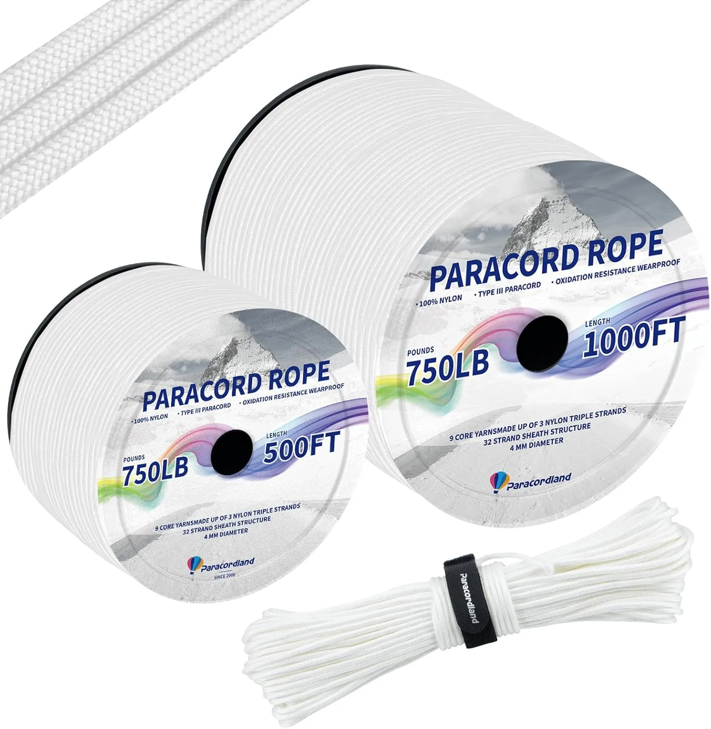 Paracordland-750LB Paracord Rope-100ft/500ft/1000ft- 9 Strand Parachute Spool Cord Heavy Duty String Ideal for Survival Gear Bracelet Camping Hikig Fishing-White