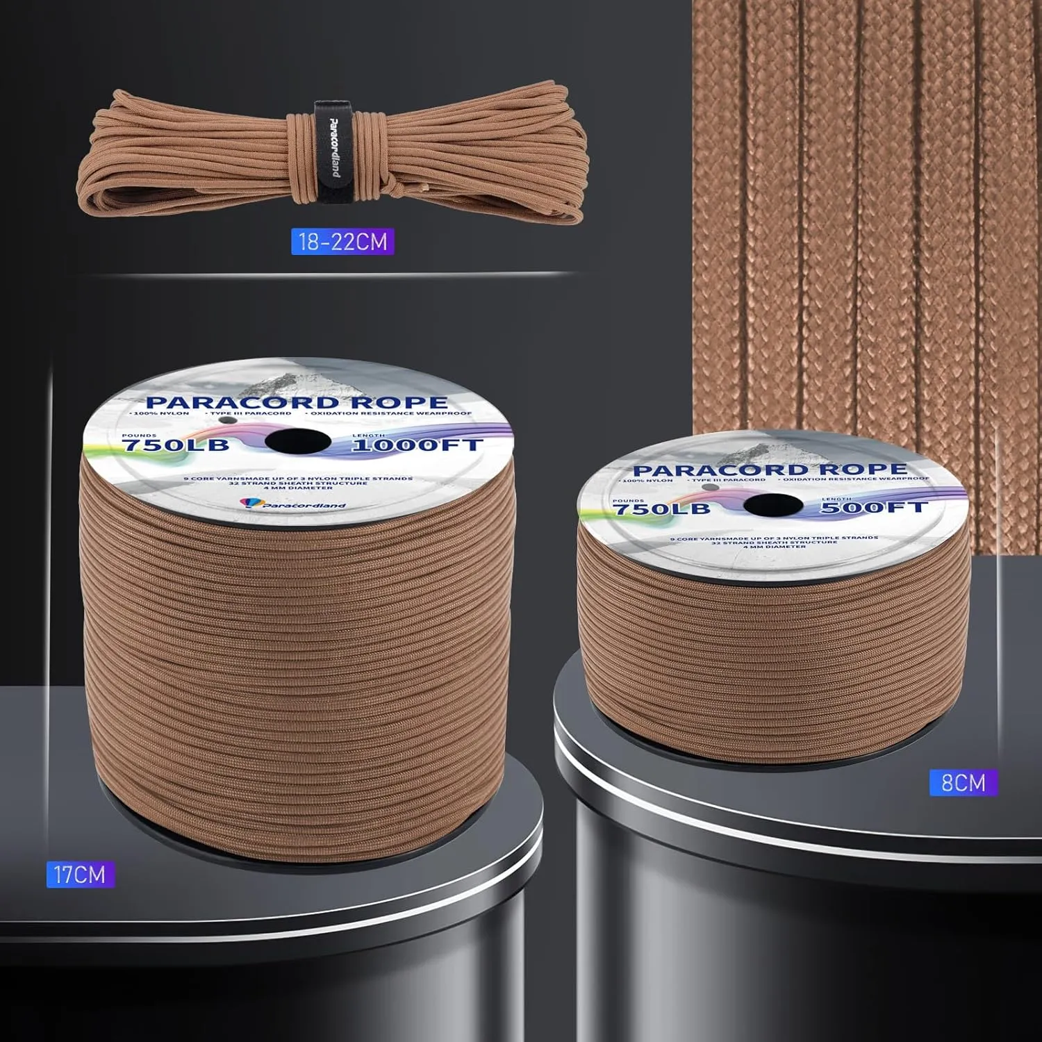 Paracordland-750LB Paracord Rope-100ft/500ft/1000ft- 9 Strand Parachute Spool Cord Heavy Duty String Ideal for Survival Gear Bracelet Camping Hikig Fishing-Wolf Brown