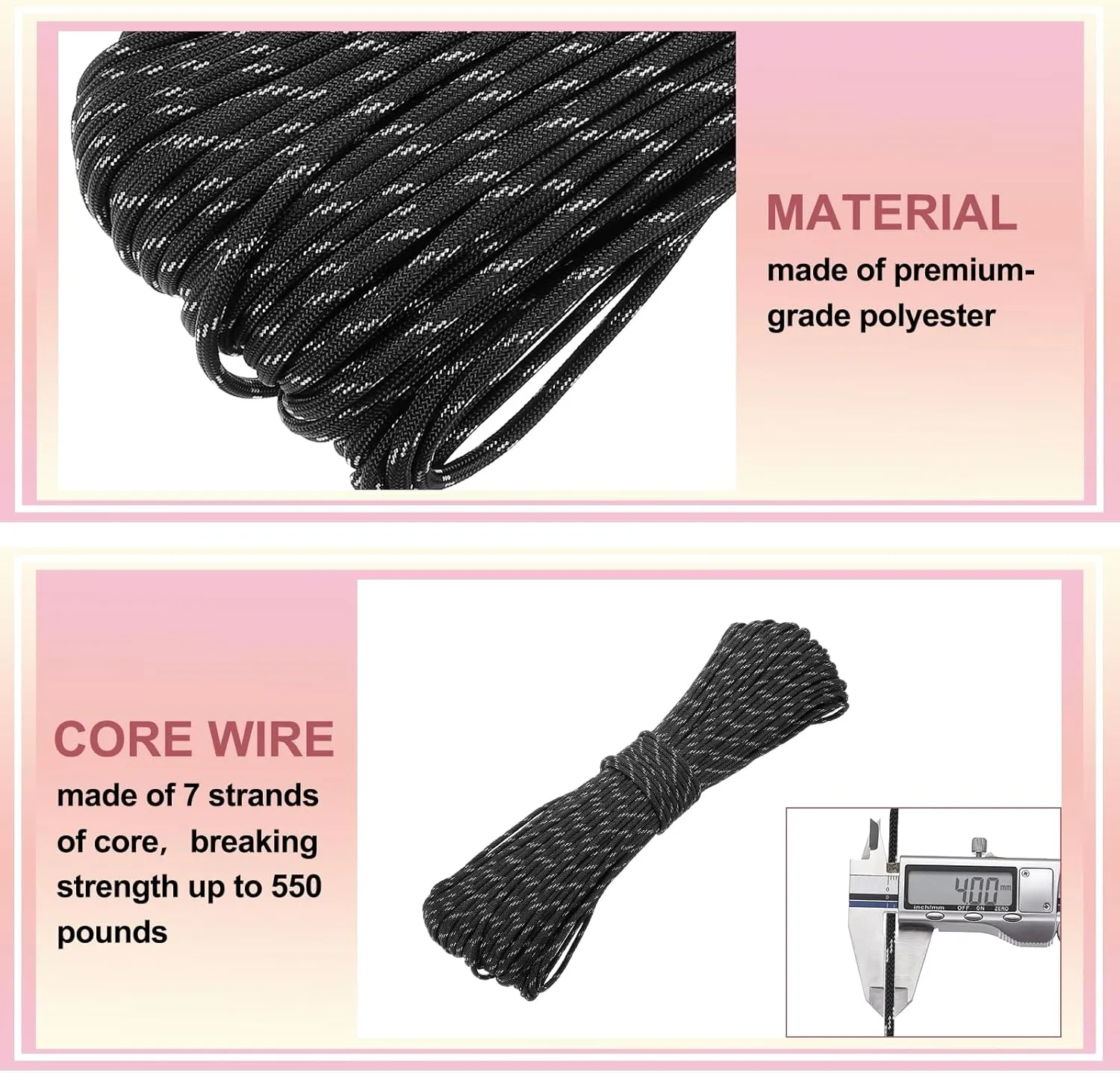 PATIKIL 550lb Paracord Rope 200ft, 4mm Tent Rope, 7-Strand Core Heavy Duty Cord for Outdoor Camping Hiking Tent Survival Utility Rope, Black/White