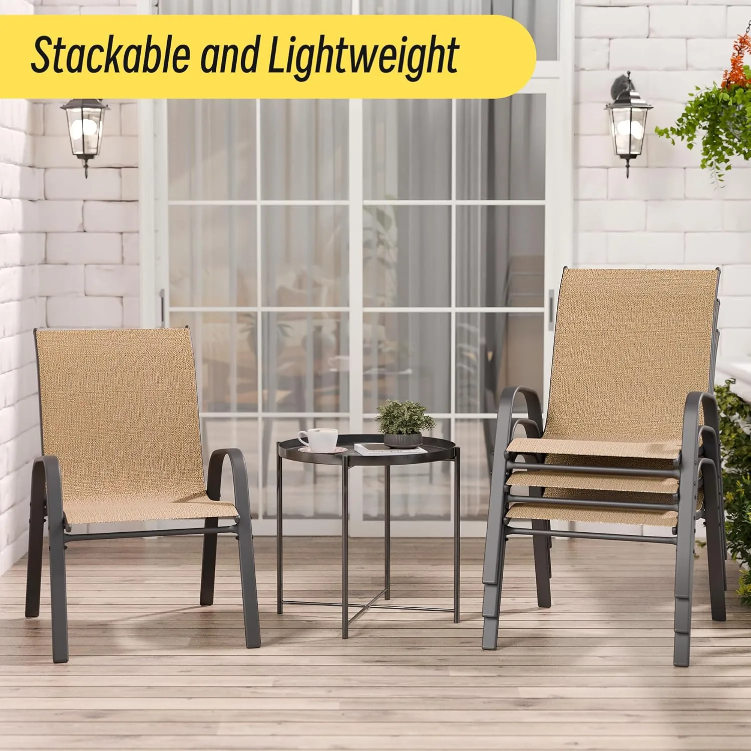 Patio Chairs Set of 6, Stackable Outdoor Dining Chairs Set with Breathable Seat Fabric, All-Weather Powder-Coated Metal Frame for Deck, Pool Side and Backyard, 350LBS Capacity (Khaki)