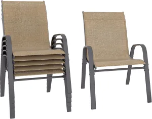 Patio Chairs Set of 6, Stackable Outdoor Dining Chairs Set with Breathable Seat Fabric, All-Weather Powder-Coated Metal Frame for Deck, Pool Side and Backyard, 350LBS Capacity (Khaki)