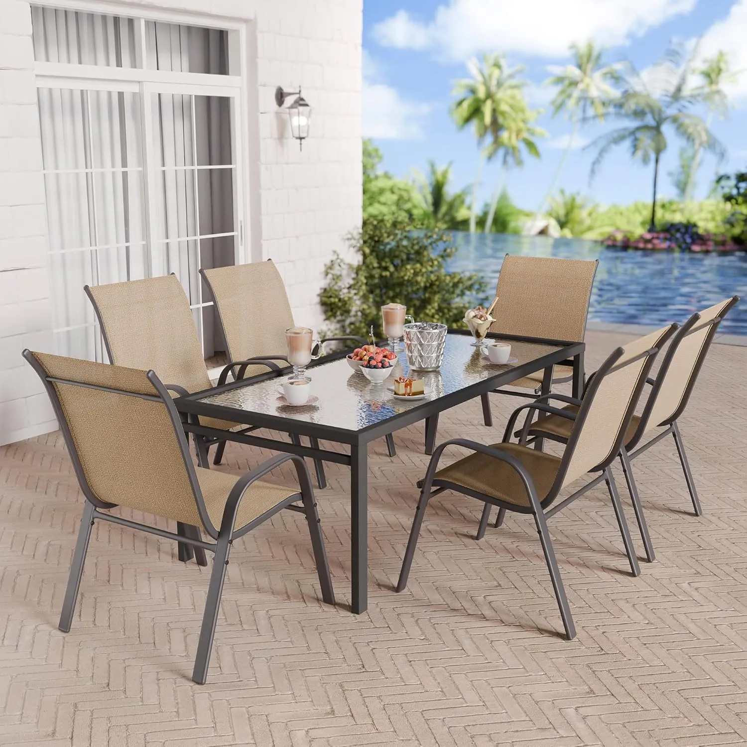 Patio Chairs Set of 6, Stackable Outdoor Dining Chairs Set with Breathable Seat Fabric, All-Weather Powder-Coated Metal Frame for Deck, Pool Side and Backyard, 350LBS Capacity (Khaki)