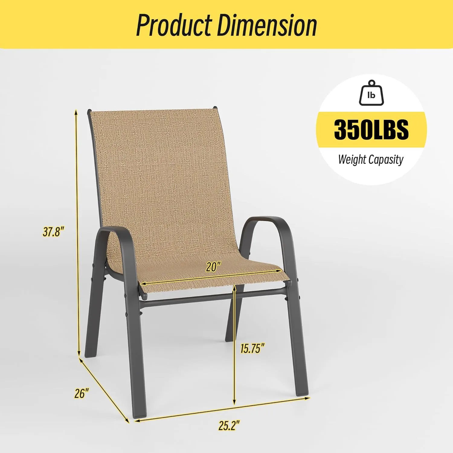 Patio Chairs Set of 6, Stackable Outdoor Dining Chairs Set with Breathable Seat Fabric, All-Weather Powder-Coated Metal Frame for Deck, Pool Side and Backyard, 350LBS Capacity (Khaki)