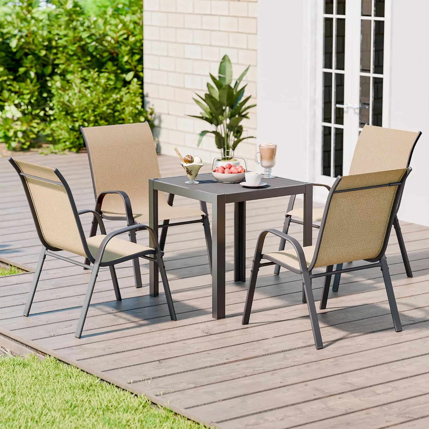 Patio Chairs Set of 6, Stackable Outdoor Dining Chairs Set with Breathable Seat Fabric, All-Weather Powder-Coated Metal Frame for Deck, Pool Side and Backyard, 350LBS Capacity (Khaki)