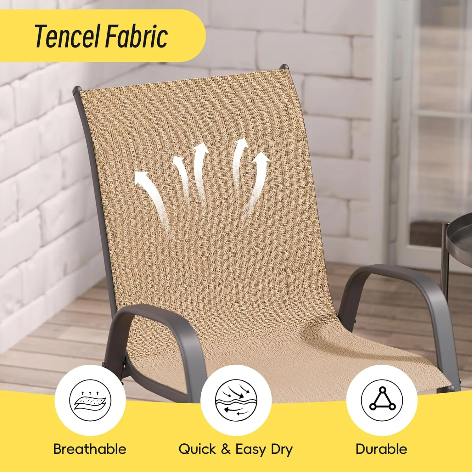 Patio Chairs Set of 6, Stackable Outdoor Dining Chairs Set with Breathable Seat Fabric, All-Weather Powder-Coated Metal Frame for Deck, Pool Side and Backyard, 350LBS Capacity (Khaki)